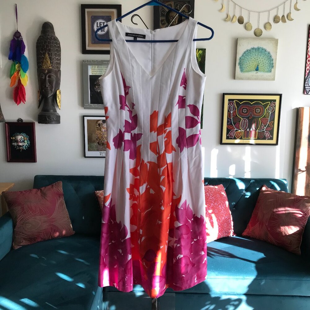 JONES WEAR size 6 White Orange & Pink Floral Pleated Sleeveless Dress